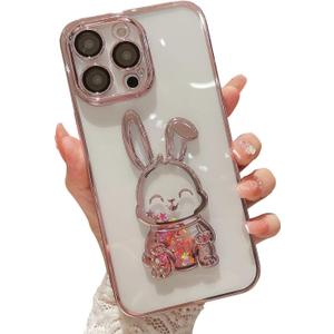 for iPhone 14 Pro Max Phone Case with Camera Lens Protector, Luxury Electroplated Cute Rabbit Glitter Quicksand Women Girls Cover Compatible for iPhone 14 ProMax (Liquid Pink)