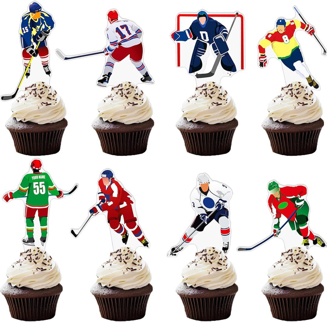 48pcs Hockey Cupcake Toppers Hockey Player Birthday Party Decorations for Boys Ice Hockey Theme Cake Cupcake Picks for Sport Theme Birthday Party Decor Supplies