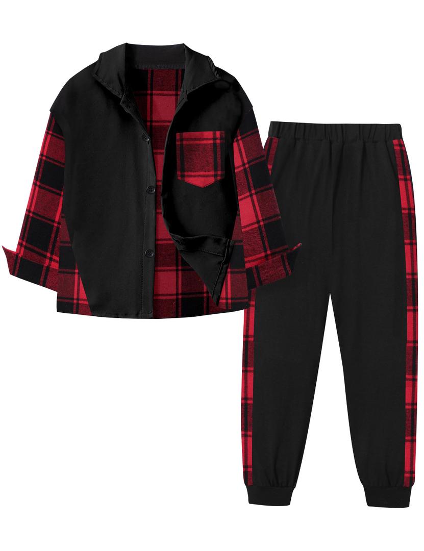 Oranchids Boys Clothes Size 10-12 Youth Boys Outfits Long Sleeve Red Plaid Shirts Button Down Sweatshirt Sweatpants Fall Outfits Winter Clothes Christmas Outfit Size 11-12 (Black)