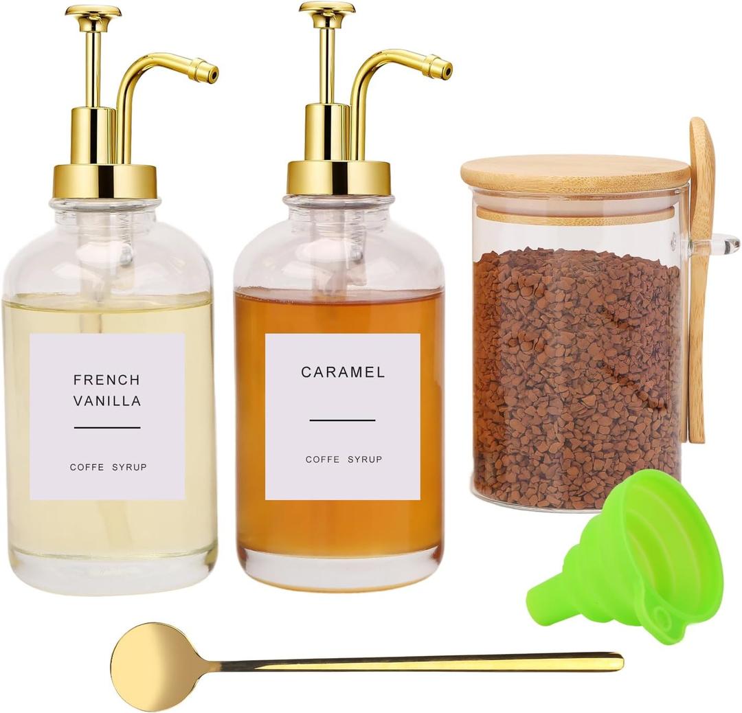 Coffee Bar Accessories, Coffee Syrup Dispenser-2 Pcs16.9 oz, Syrup Pump Dispenser for Coffee Bar, with Glass Bamboo Lid Jar with Spoon, Gold Pump Syrup Dispenser with Labels