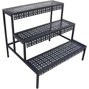 aboxoo 3 Tier Stair Style Large Metal Plant Stand, Garden Display Shelf Flower Pot Holder Storage Organizer Rack for Indoor Home Outdoor Patio Balcony Yard( Black, Rectangle)