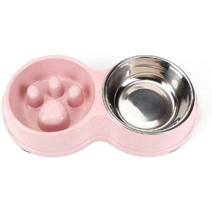 Slow Feeder Dog cat Double Bowl Stainless Steel and Anti-Choking Pink