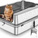 Extra Large Stainless Steel Cat Litter Box, 27.5" L x 19.7" W x 14" H XXXL Semi Enclosed Removable Metal Litter Tray with High Sided Enclosure, Scoop, Anti-Leakage, Non-Sticky, Easy Cleaning