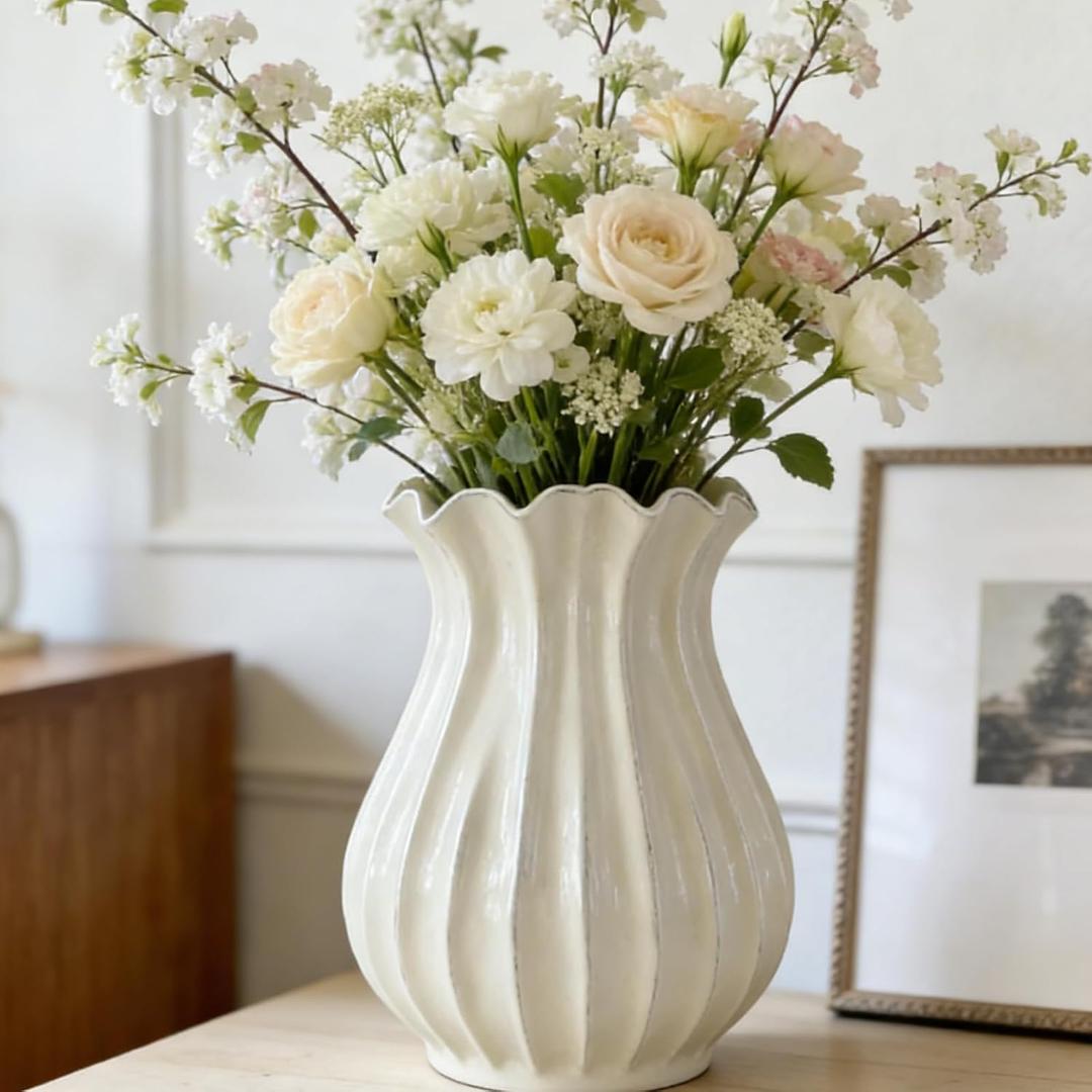 Qinyoung 1 Pack White Vintage Pleated Ceramic Vase Sour Cream Stylish Decorative Flower Vase for Bouquet Living Room Cabinet Table Centerpieces Wedding (9 x 7.32 Inches)