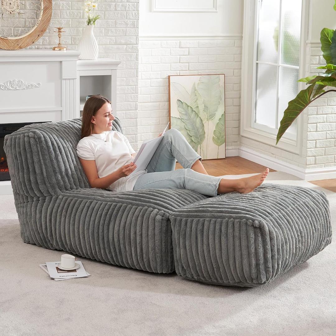 Hobestluk Big Bean Bag Lounger Chairs Large Beanbag Chair for Adults Bean Bag Sofa with Memory Foam Filled for Living Room, Bedroom or Balcony (Stripe Grey), 31.5 X 62.99 X 25.98 Inches