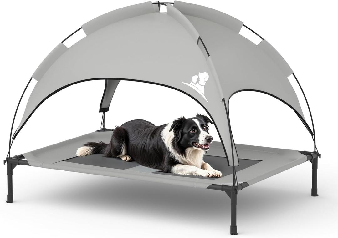 GOJOOASIS Outdoor Dog Bed with Canopy, Waterproof Outside Dog Cots Pet Bed with Removable Canopy Tent, Cat Bed Shelter, Lifted Camping Pet Bed for Medium Dogs (Grey)