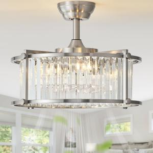 20" Silver Crystal Fandelier Ceiling Fans with Lights, Silver Crystal Industrial Chandelier Ceiling Fan with Light and Remote, Caged with 6 Speeds for Bedroom, Nursery, Living Room