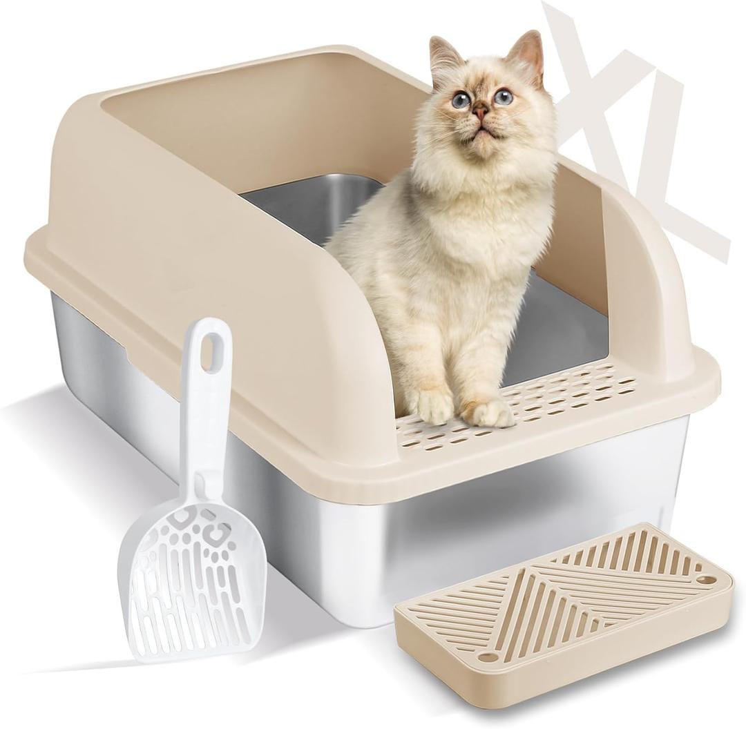 Chenove Extra Large Stainless Steel Litter Box with Lid, High Wall Enclosed Cat Litter Boxes for Anti-Leakage, XL Metal Litter Box with Scoop, Easy Clean Cat Box for Multi Cats, Non-Sticky Litter Pan (6" Deep, Beige&Sliver)