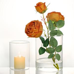 2Pcs Glass Vases for Centerpieces, Cylinder Flower Clear Vase Bulk Hurricane Candle Holder Fall Vase Filler Set with LED Light for Wedding Table Centerpieces Autumn Farmhouse Decoration (6"+4.7" Height)