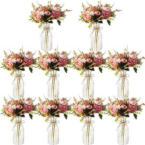 30 Pack Artificial Flowers with Vase Bulk, 20 Bundles Silk Floral Bouquet 10 Clear Vase with 1 Pcs Rope, Mason Jar Table Centerpiece Arrangement Wedding Party Decor(Chrysanthemum,Purple)