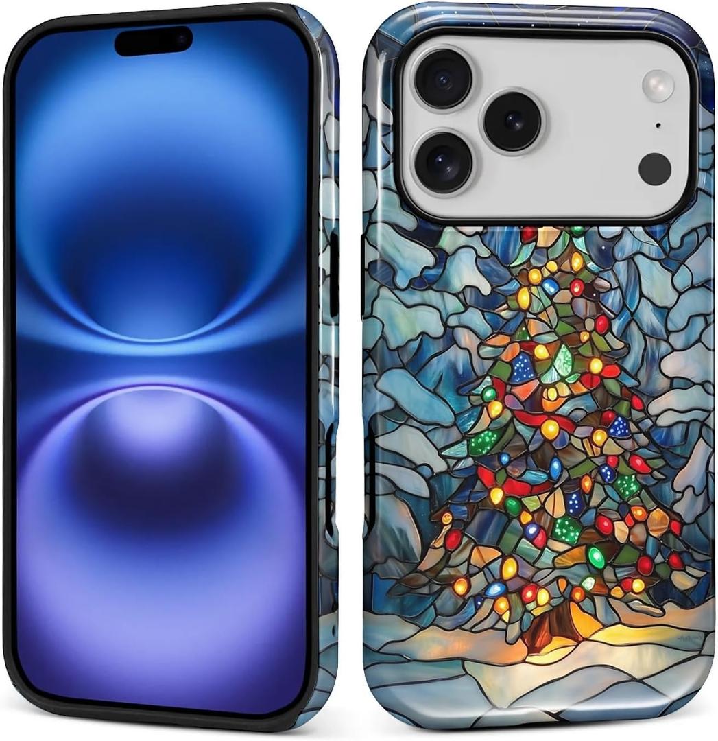 Case for iPhone 17 Pro,Hybrid Dual Protection Soft TPU Hard PC Shockproof Cover Anti Scratch Slim Protective for Men Women Case for iPhone 17 Pro Christmas Tree Stained Glass Design