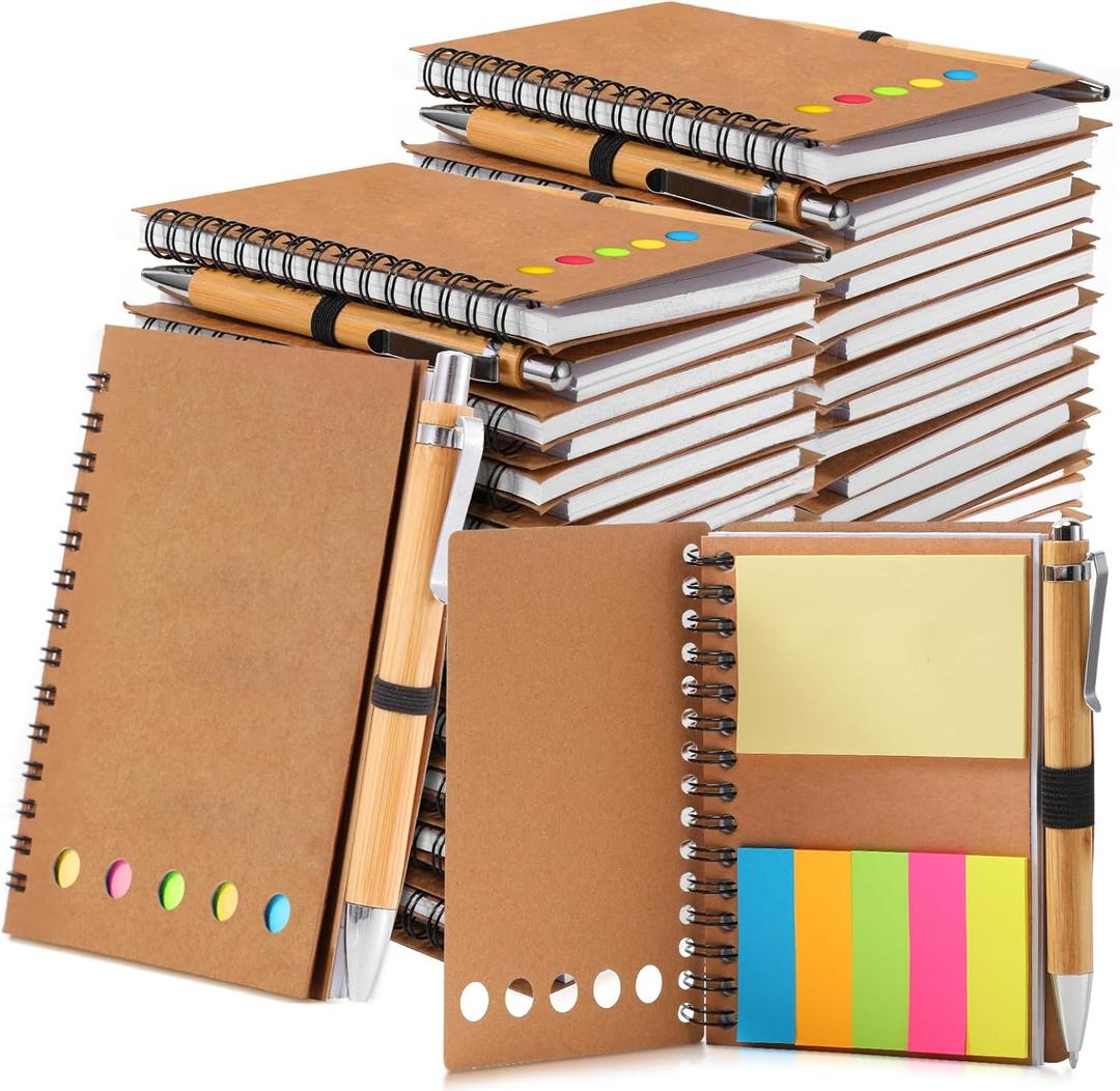 Chuangdi 100 Sets Teacher Appreciation Gifts Bulk, Inspirational Kraft Spiral Notebooks with Sticky Notes and Bamboo Pens, Motivational Team Gift for Administrative Professionals Day, Office Employee