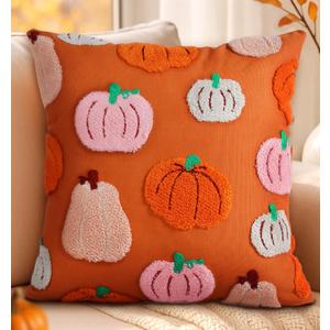 Embroidered Fall Pillow Covers 18x18 Inch - Halloween Decor Soft Cozy Throw Pillow Covers with Zipper Autumn Theme Harvest Colorful Pumpkin Cushion Covers for Living Room Couch Sofa Bed