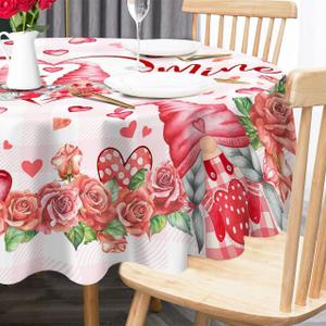 Round Valentines Tablecloth, Valentines Day Tablecloths Round 52 Inch, Valentine Gnomes Table Cloth with Love Hearts and Roses Pink Plaid Holiday Circle Table Cover Decor for Dining Room Indoor (Valetines-2024)