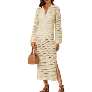 Saodimallsu Womens Crochet Swimsuit Cover Up V Neck Collared Long Sleeve Mesh Knit Long Beach Coverup Maxi Dress (S)