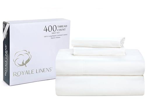Royale Linen 400 Thread Count 100% American Grown Cotton 4 Piece Sateen Queen Sheet Set - 1 Fitted Sheet, 1 Flat Sheet, 2 Pillow case - White Queen Bedsheet - Cotton Sheets - (Queen, Signature White)