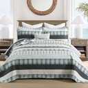 Homzard King Comforter，Cotton King Size Quilt，Teal Black Beige Bedding Set，Plaid Striped Bedspread，Lightweight Reversible Coverlet All Season 3 Pieces