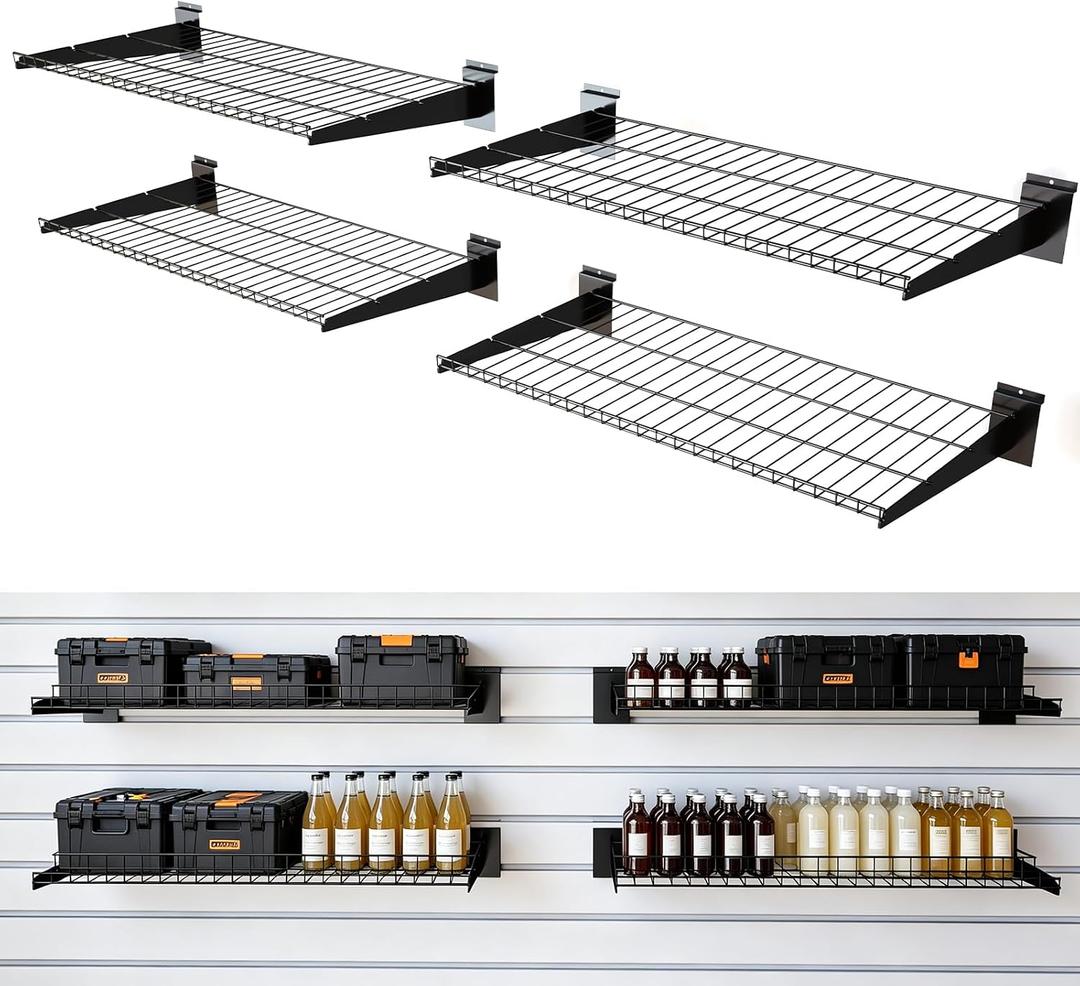 NeatiEase Heavy Duty Metal Slatwall Shelves 24"x16.5", 4PCS, Black