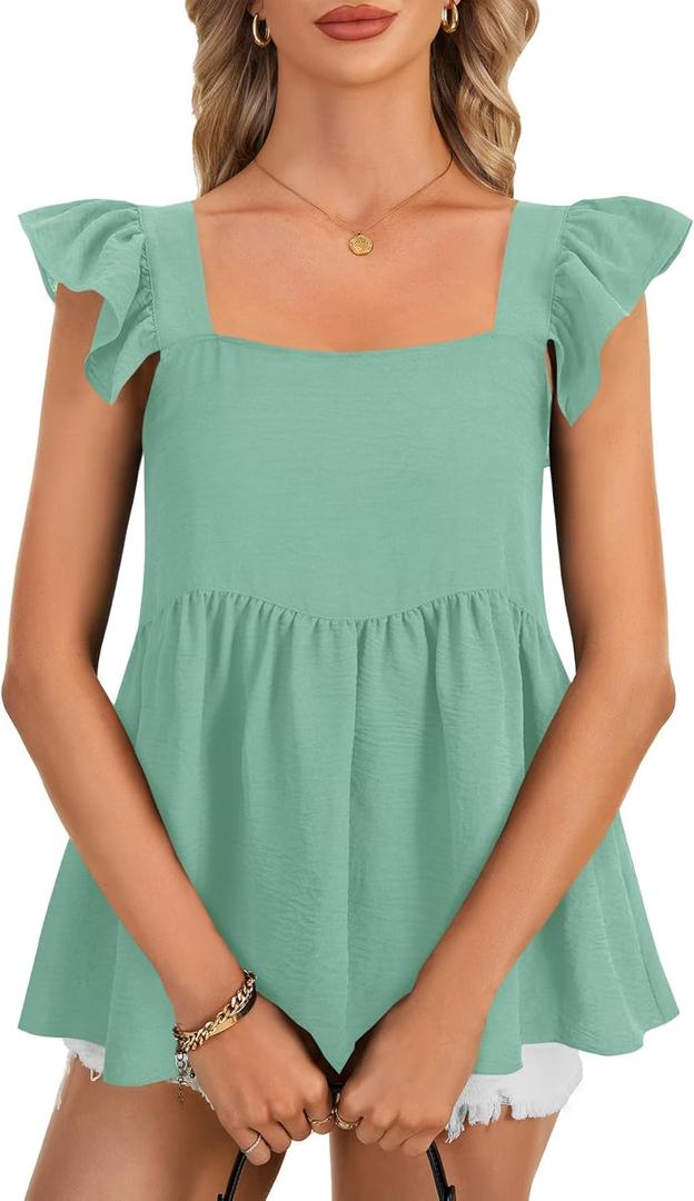 LYANER Women's Summer Sleeveless Peplum Blouse Square Neck Ruffle Strap Babydoll Tank Top (XL)