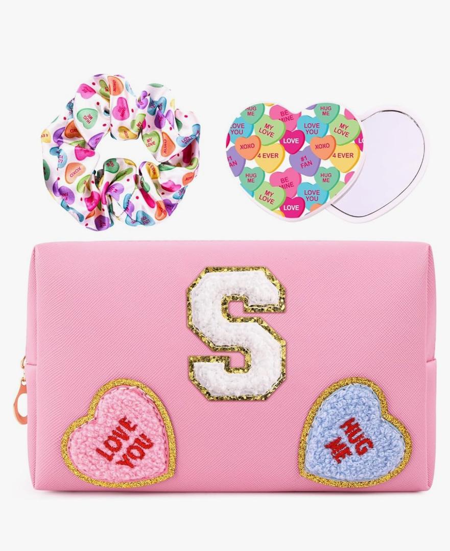 3 x Initial Makeup Bag with Mirror & Hair Scrunchies, Personalized Monogram Custom Cosmetic Bag Travel Toiletry Pouch, Birthday Gifts for Her Women Bridesmaid Teacher (S)