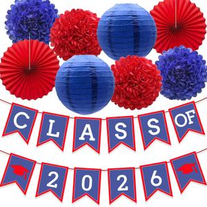 Blue Red Graduation Party Decoration Class Banner Hanging Pom Poms Flowers High School College Grad Supplies