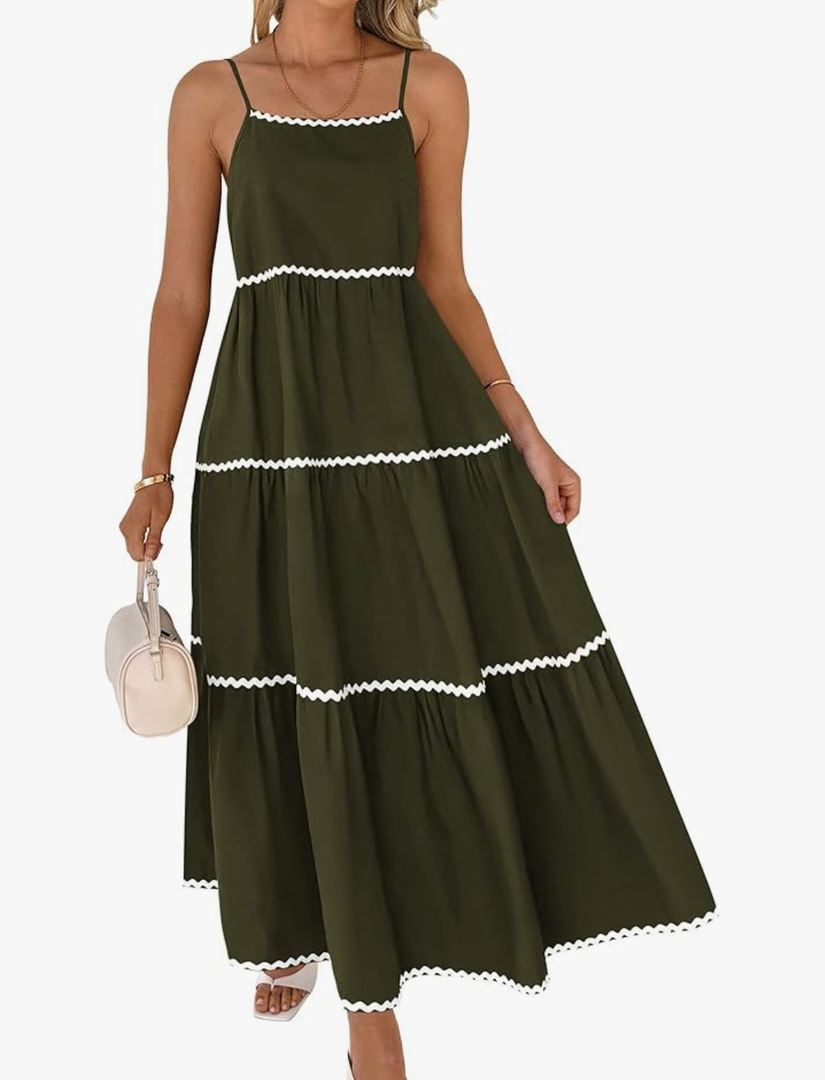 Boho Summer Dresses 2025 Spaghetti Strap Backless Sundress RIC Rac Trim Tiered A-Line Long Casual Vacation Dress, Large