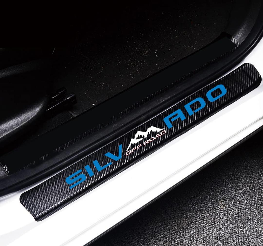 MAXDOOL 4Pcs Car Door Sill Protector Reflective 4D Carbon Fiber Sticker Decoration Door Entry Guard Door Sill Scuff Plate Stickers Compatible with Silve4x4rado Off Road (Blue)