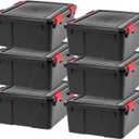 IRIS USA WeatherPro 31 Qt Storage Bins with Lids, 6 Pack, BPA-Free Plastic Gasket Box with Tight Latch and Seal, Stackable Nestable Tote Tub - Black/Red