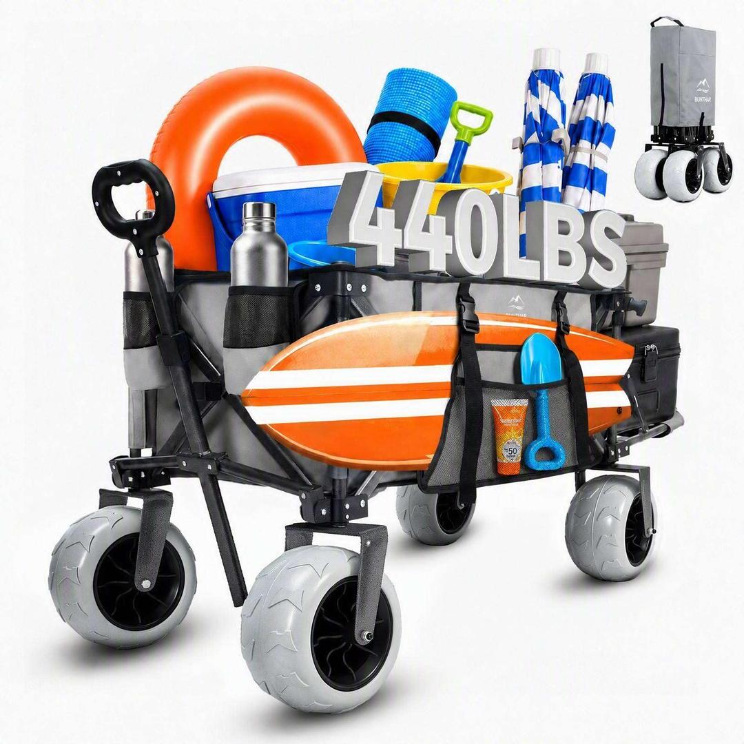 Beach Wagon with Extended Tailgate, 9" Big Sand-Proof Wheels, Heavy Duty 200L Oversized Foldable Beach Cart, 440LBS Utility Wagon with Side Pocket for Sand,Camping,Vacation
