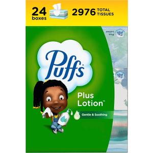 Puffs Plus Lotion Facial Tissues, 24 Family Boxes, 124 Tissues Per Box