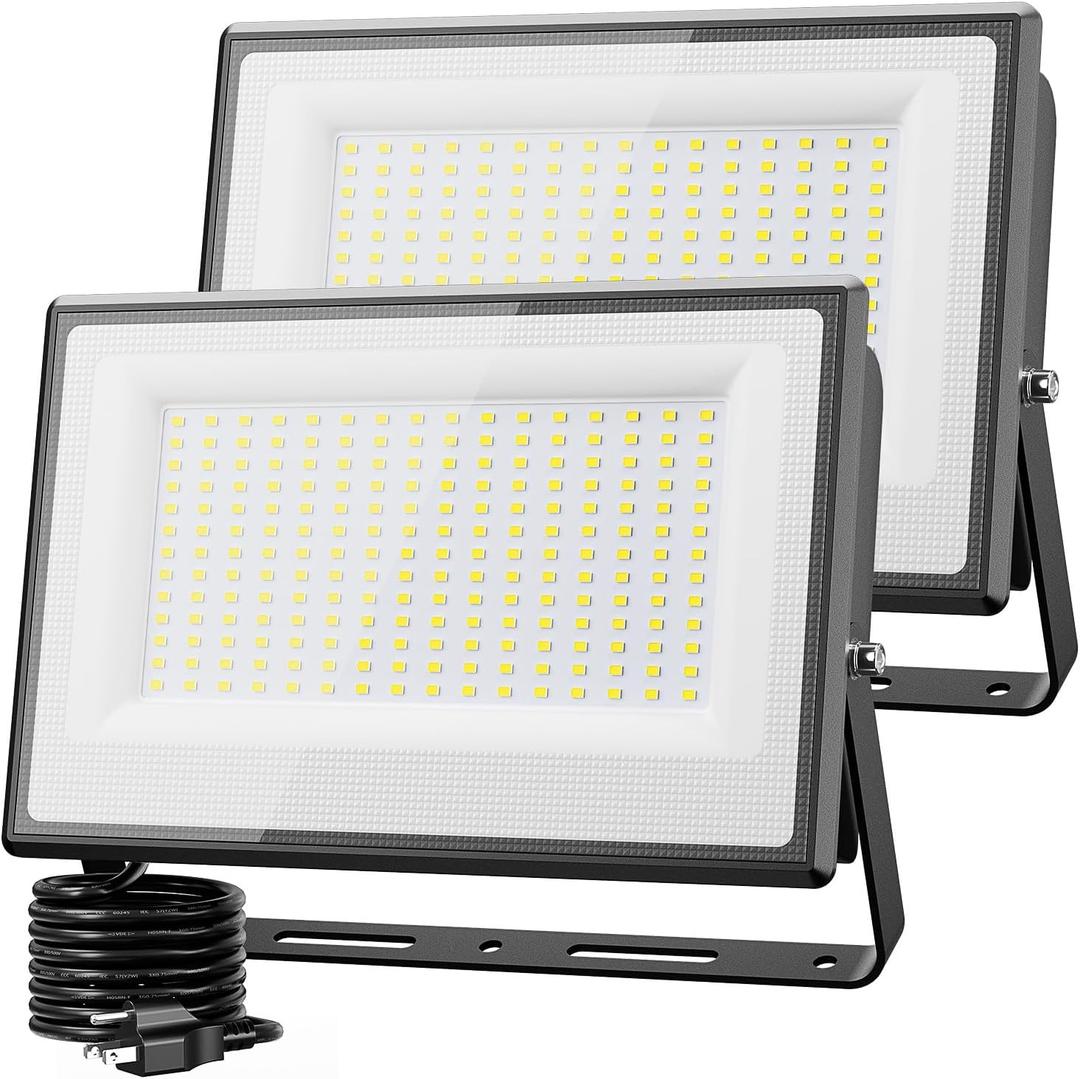 Olafus 2 Pack 200W LED Flood Light Outdoor, 18000LM Super Bright IP66 Waterproof Exterior Security Lights with Plug, 6500K Daylight White Exterior Floodlights for Stadium Yard Barn