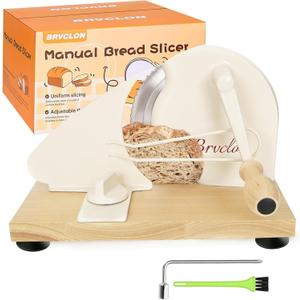 Manual Bread Slicer for Homemade Sourdough Bread, Metal Guide & Adjustable Thickness, Hand Crank Bread Slicer  Upgraded Model, Gift Packaging & Stainless Steel Blade &Solid Wood Base (Warm White)