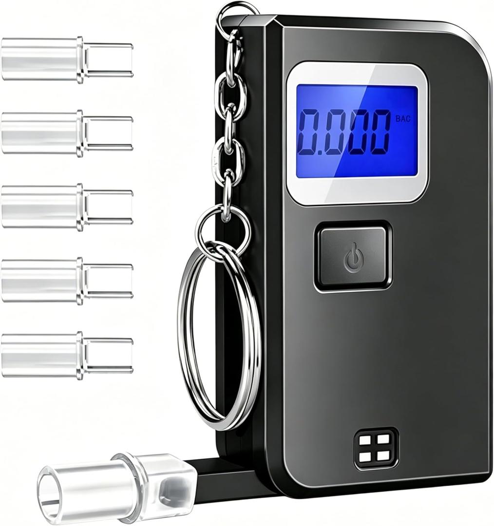 Keychain Breathalyzer, Breathalyzers for Alcohol with LCD Digital Display, Mini Alcohol Breathalyzer Tester for Home Use, Personal Portable Pocket Breathalyzer with 5 Mouthpieces