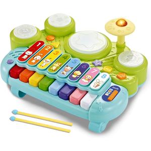 Fisca 3 in 1 Musical Instruments Toys, Electronic Piano Keyboard Xylophone Drum Set - Learning Toys with Lights for Baby & Toddler 1 2 3 Year Old Boys and Girls