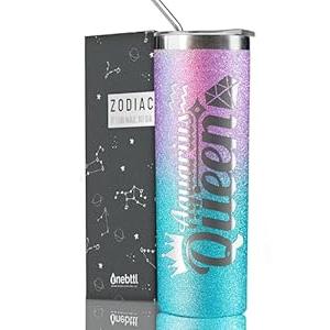 Onebttl Zodiac Gifts for Women, Best Friend Birthday Gifts for Her, 20oz Stainless Steel Tumbler, Printed Logo Black, Aquarius