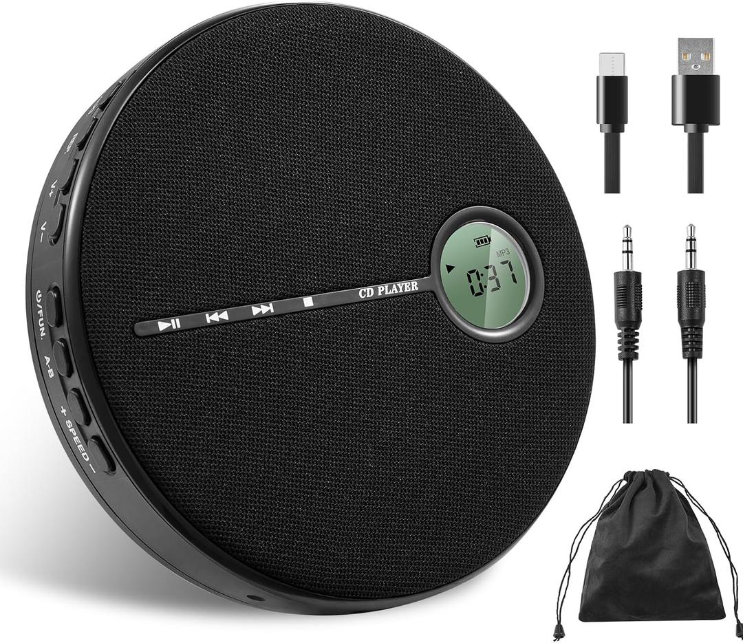 Gelielim Portable CD Player Bluetooth, Personal Discman CD Player for Car & Home,Small Fabric Music Player with Anti-Skip Protection, A-B Repeat,10 Speeds,Stereo Speakers,Supports CD/AUX/USB, Black