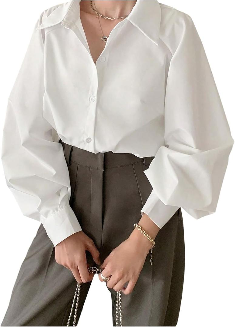 GORGLITTER Women's Oversized Button Down Shirts Casual Dressy Bishop Long Sleeve Shirt Business Office Formal Tops (White, M)