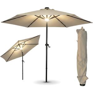 9ft Solar Powered Outdoor Patio Umbrella with LED Lights 180G Polyester Canopy 38mm Iron Pole & 12*18mm Iron Ribs, 360 Tilt Adjustable, USB Charging Port, for Garden Backyard Deck Poolside (Khaki)