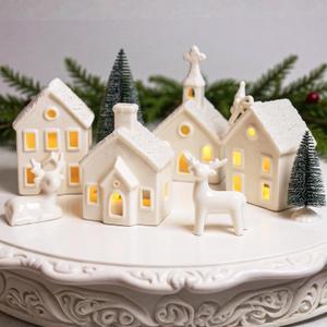 Christmas Decorations Indoor - 9 Piece Christmas Village Sets with 4 Remote Control Lighted Ceramic Houses, 2 Trees, 2 Deer & Santa - Neutral White Farmhouse Holiday Decor for Home Table Room(White)
