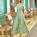 Wenrine Womens Dresses 2026 Summer V-Neck Ruffle Cap Sleeve Empire Waist Flowy Beach Midi Maxi Dress with Pockets (Green, S)