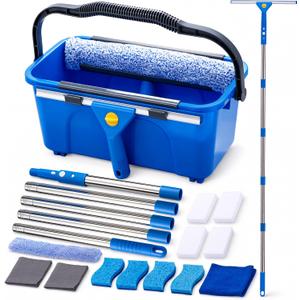 Window Cleaning Kit with Bucket, 76" Extension Pole, Squeegee & Washer
