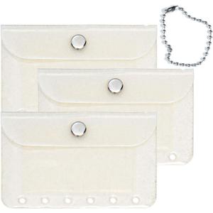 Mogoostry A7 Binder Pockets 3PCS Clear Coin Purse 6 Holes Binder Pouches Snap Closure White Glitter Wallet Card Holder Keychain Pouch Organizer