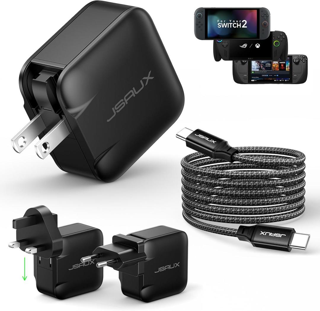JSAUX 65W USB C Charger for Nintendo Switch 2, Powers in TV Mode, with EU/UK Plug & 6.6FT Cable, GaN PD Fast Charge for ROG Xbox Ally, Steam Deck, ROG Ally, iPhone 17, Galaxy, Tablet & Laptop  Black