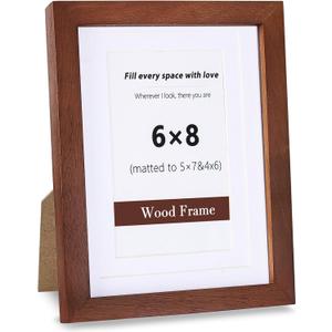 SZKYSJGS 6x8 Picture Frame, Solid Natural Walnut Wood Photo Frame with Tempered Glass, 6 x 8 Wooden Frame Matted to 5x7/ 4x6, Wall or Tabletop Display