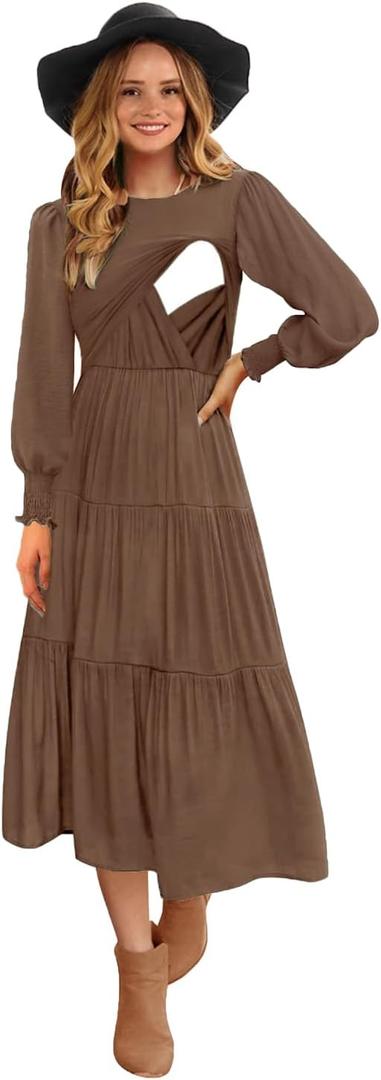 Womens Flutter Long Sleeve Smocked Tiered Nursing Dress for Breastfeeding (Small, Coffee-09)