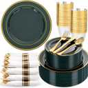 WDF Partyware 350PCS Green and Gold Plates - Green Plastic Plates 50Guests Plastic Plate with Rolled Napkins for Party/Birthday