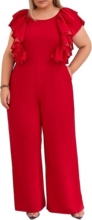 VERWIN Plus Size Ruffle Women's Jumpsuit Plain Full Length Romper Sleeveless Patchwork Overlay Jumpsuit with Pockets, 5XL