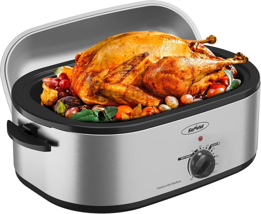22-Quart Electric Roaster Oven with Removable Pan and Self-Basting Lid, Perfect for Turkey Roasting with Temperature Control from 150 to 450F and Cool-Touch HandlesSilver, 22QT