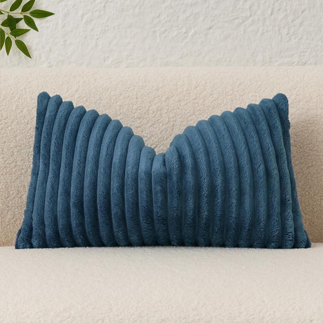 Kevin Textile Soft Plush 14x24 Inch Lumbar Pillow Cover 1 Pack, Luxury Fluffy Faux Fur Striped Flannel Rectangle Cushion Case for Couch Sofa Chair Bed Home Decor, Blue