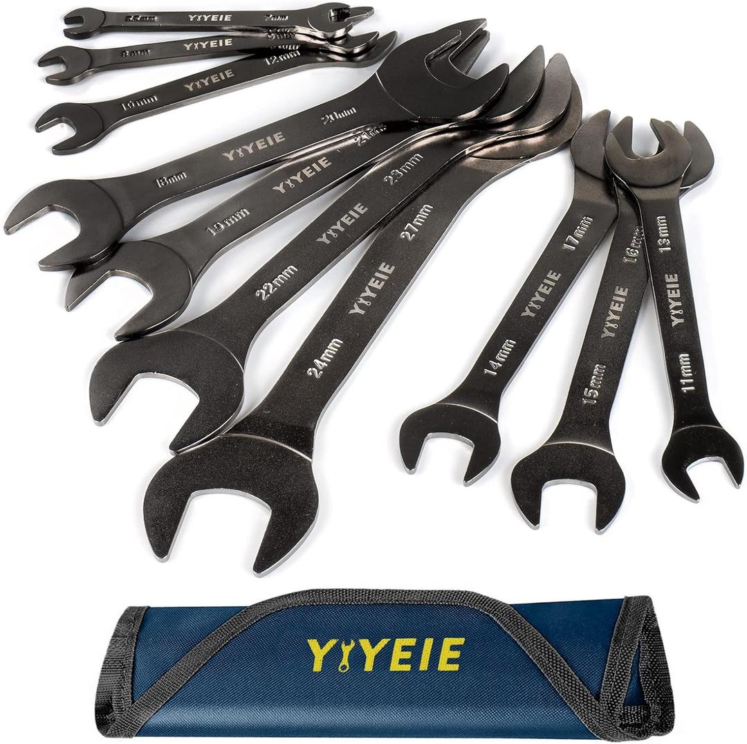 YIYEIE Super-Thin Open End Wrench Set, 10-Piece Metric, 5.5, 7, 8, 9, 10, 11, 12, 13, 14, 15, 16, 17, 18, 19, 20, 21, 22, 23, 24, 27 mm, Nickel Coating, CR-V Steel, Slim Wrench with Rolling Pouch